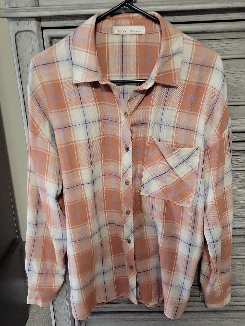 BE COOL Rust Color Plaid Button-Front Shirt